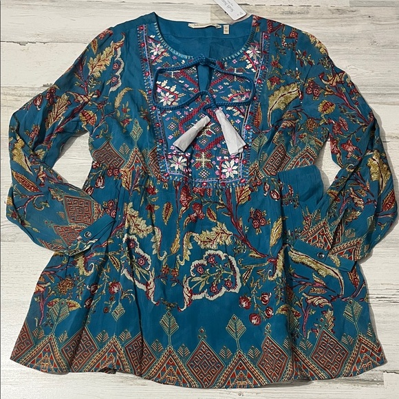 Soft Surroundings Teal Floral Embroidered Boho Tunic - Picture 2 of 11